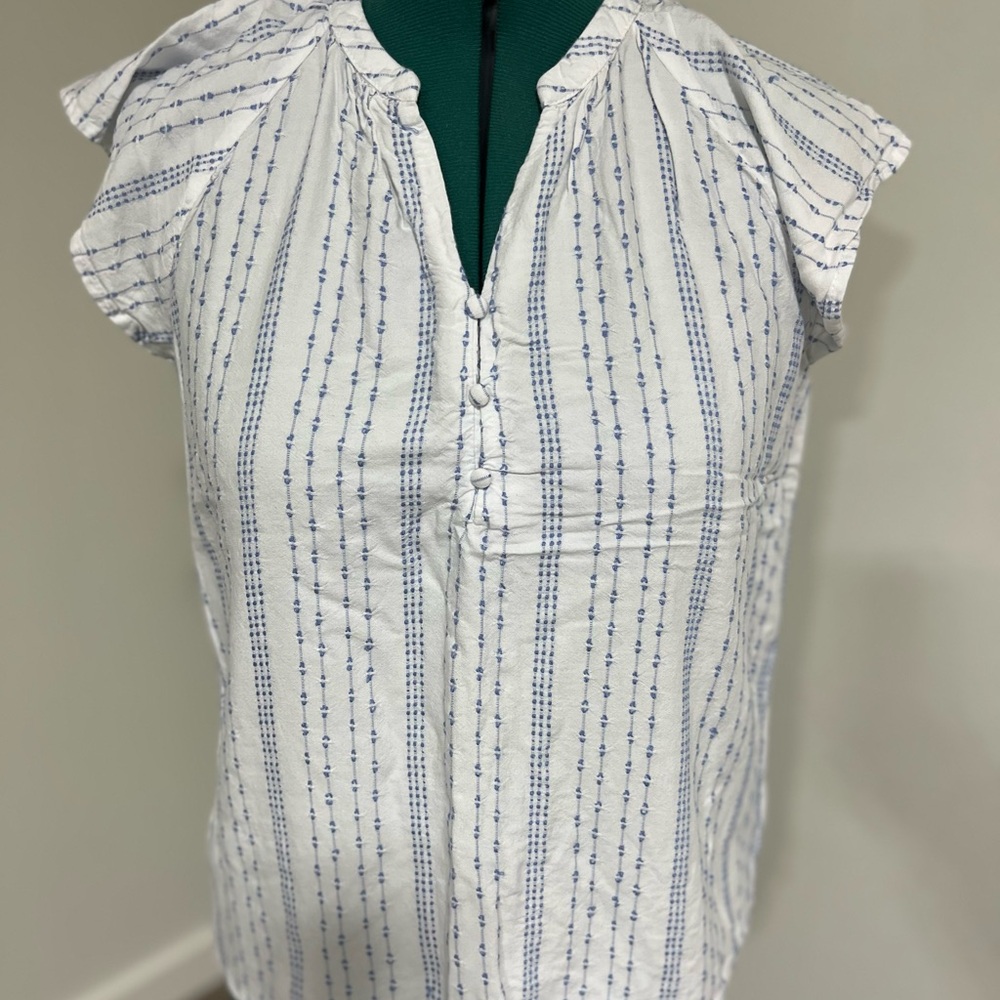 Time and Tru White Blouse with Blue Pattern